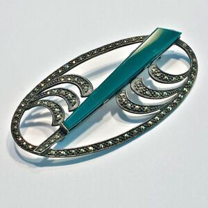 Vintage Art Deco Brooch Green Stone 925 Silver Marcasite Oval Statement Jewelry